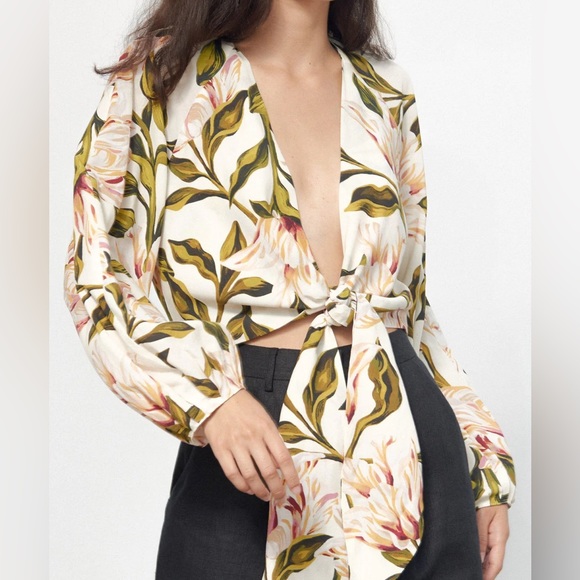 Mara Hoffman Gianna Tie Front Floral Top Cream Multi M - Picture 3 of 8